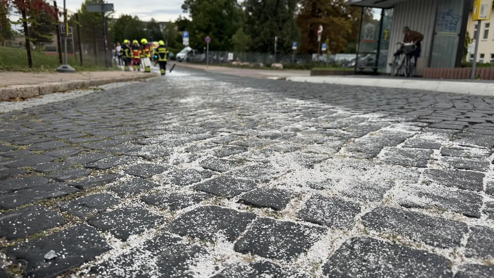 Die Freiwillige Feuerwehr Taucha beseitigte heute eine Ölspur auf der Marktstraße. (Foto: Daniel Große)