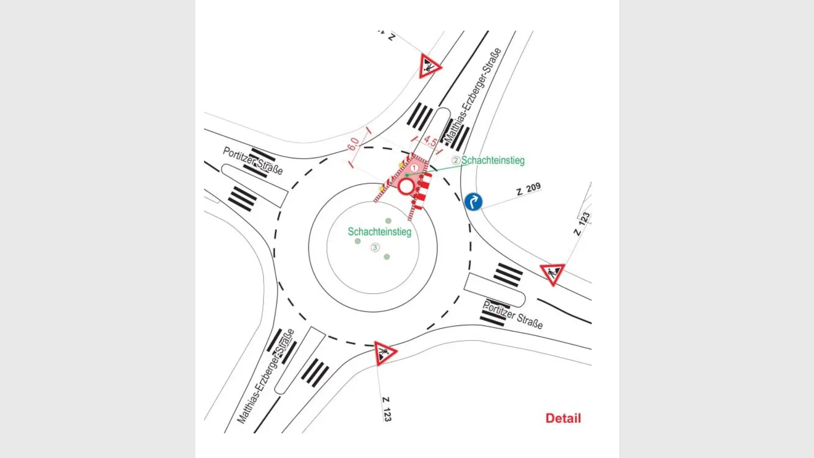 Im Kreisverkehr wird gebaut. Die Verkehrsführung muss darum angepasst werden.  (Grafik: B.A.S. Verkehrstechnik)