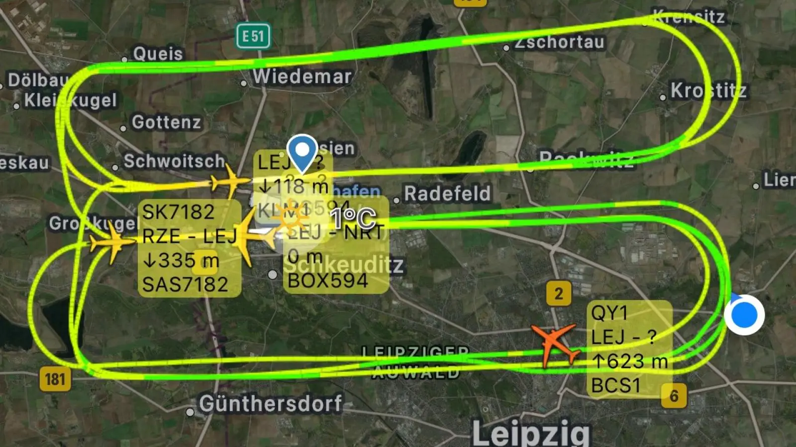 Der Airbus zog mehrere Kreise über diverse Kommunen in Nordsachsen und Leipziger Stadtteile. (Screenshot: Flightradar24)